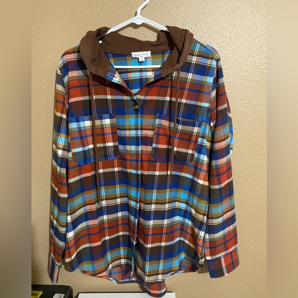 Grace and Lace Multicolor Plaid Hoodie Shirt Size Small